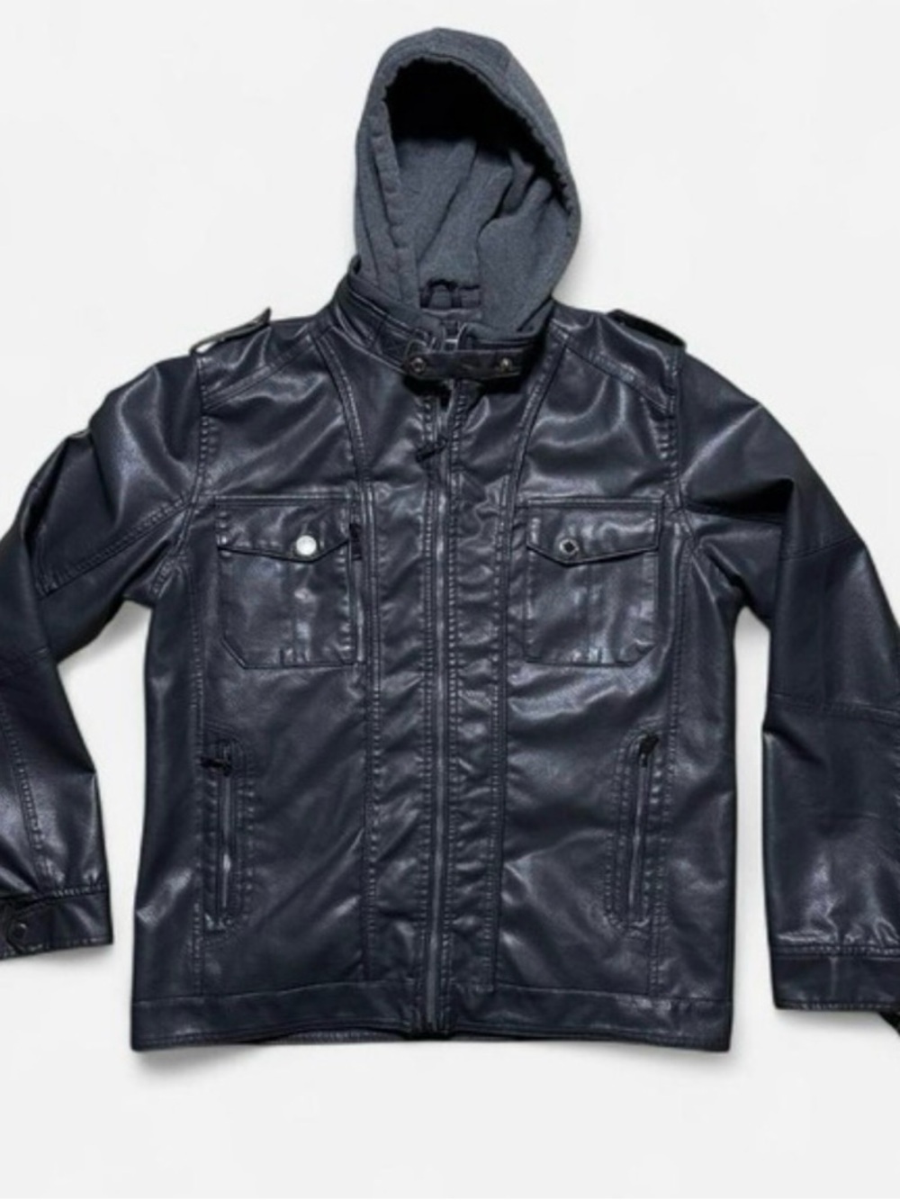 Men's Hooded Faux Leather Jacket in Dark Navy